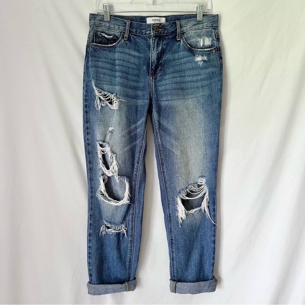 Pistola Distressed Straight Leg Boyfriend Ankle Cropped Jeans Size 27